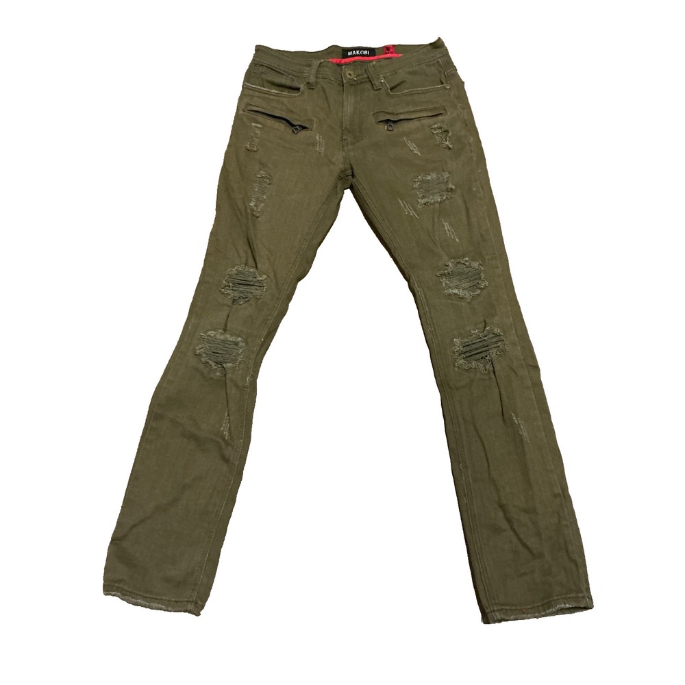 Makobi Mens 32 x 32 Moto Denim Pants Olive Green Distressed Zippers